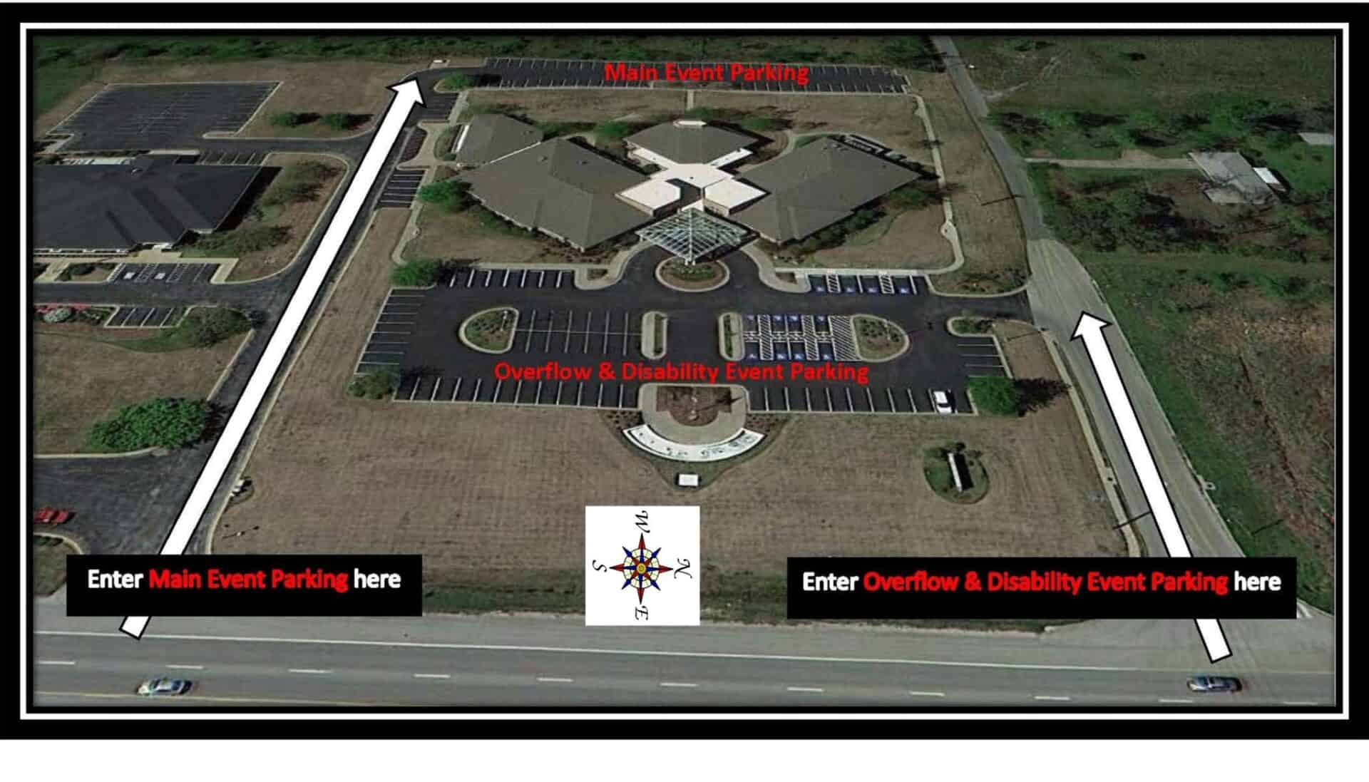 Aerial view of the Schmeiding center with parking areas designated